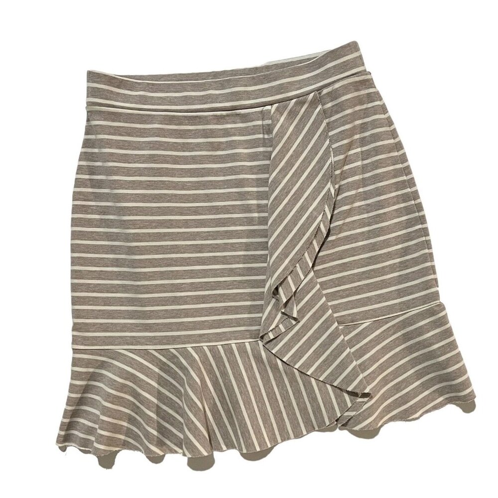Three Dots  Pull On Mini Skirt Size Medium Ponte Striped Tiered Ruffle Trumpet